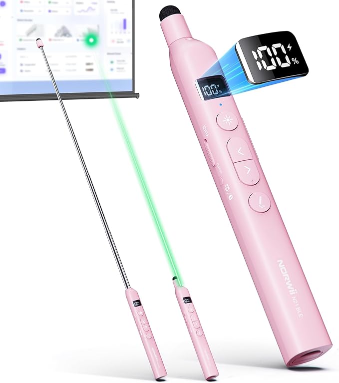 Norwii N21 Bluetooth Presentation Clicker with Telescopic Teaching Pointer, Presentation Remote with Retractable Stick for PowerPiont, Wireless Presenter, Slide Advancer - Pink