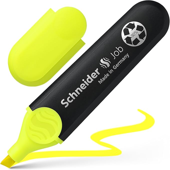 Schneider Job Highlighter, Chisel Tip, 1 + 5 mm, Black Barrel, Yellow Ink, Box of 10 Highlighters (1505)