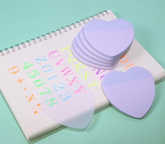 ONLYKXY Glitter Heart Shape Transparent Sticky Notes for Annotating,2.8in Pastel Color Waterproof Index Sticker Self-Stick Book Tabs Soft PET Marker Memo Pad for Home School Office (6, Purple)
