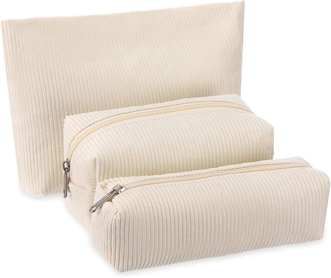 Huhumy 3 Pcs Makeup Bag Set for Women Corduroy Cosmetic Pouch Aesthetic Smile Travel Toiletry Bag Cute Purse Pouch Pencil Case Makeup Brushes Storage Organizer with Zipper(White,Solid Style)