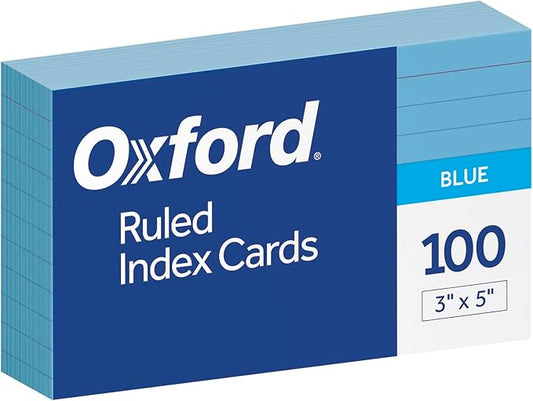 Oxford Ruled Color Index Cards, 3" x 5", Blue, 100 Per Pack (7321 BLU)