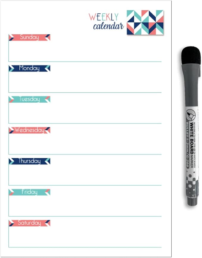 Dry Erase Weekly Calendar Planner Sticker Decal | Removable & Reusable | Magnetic Fine-Tip Marker Included (6 x 9 inches, Geometric)