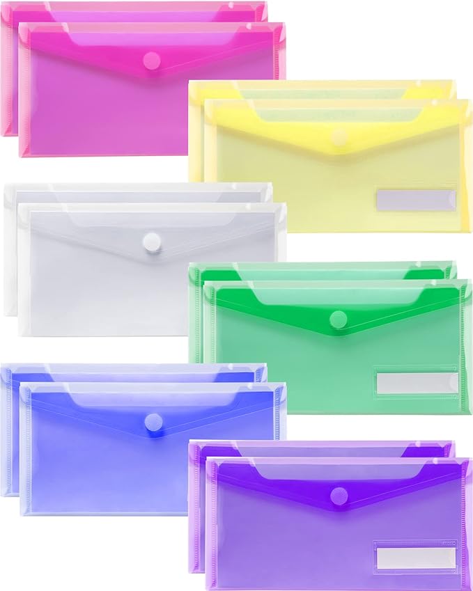 Sooez Small Plastic Envelopes, 12 Pack Plastic Pouch with Label Pocket, Filing Envelopes Pouch, Money Envelopes for Cash, Reusable Envelopes, Filing Envelopes Bulk, Money Envelopes, 9.4 x 4.7 Inches
