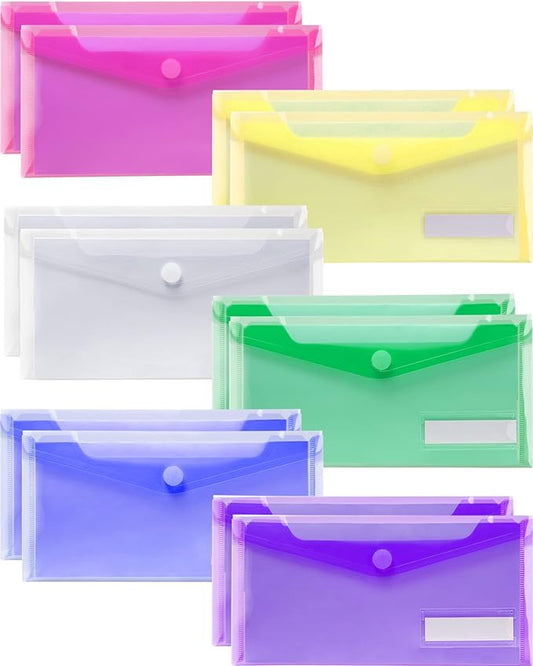 Sooez Small Plastic Envelopes, 12 Pack Plastic Pouch with Label Pocket, Filing Envelopes Pouch, Money Envelopes for Cash, Reusable Envelopes, Filing Envelopes Bulk, Money Envelopes, 9.4 x 4.7 Inches