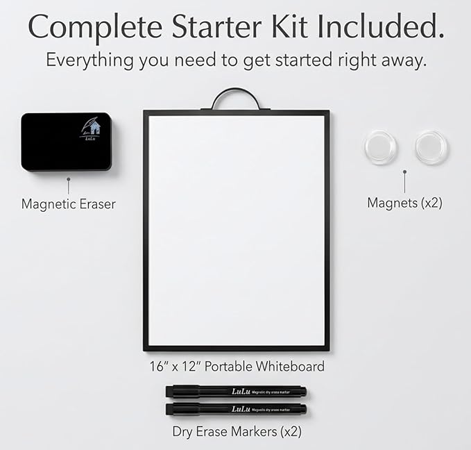 Magnetic Dry Erase Board 12x16 with Handle, Double Sided Portable Black Whiteboard for Home, Office, School & Kitchen