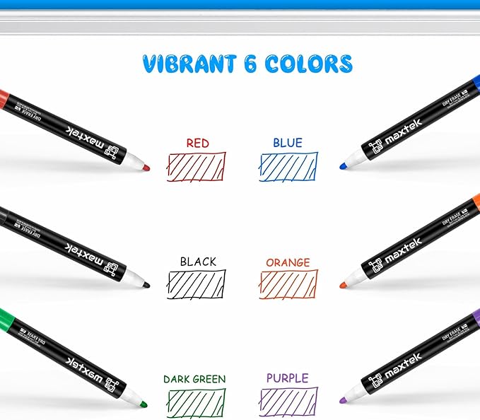 maxtek Dry Erase Markers - 6 Count Colorful Magnetic Dry Erase Markers Fine Tip with Eraser, Low Odor Whiteboard Markers for Calendar Boards