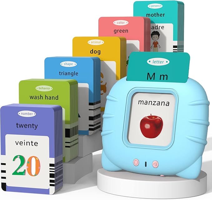 Startcan Spanish & English Talking Flash Cards for Toddlers 1 2 3 4 5 6, Audible Toys for Kids to Learn Spanish - 258 Cards and 516 Words(Blue)