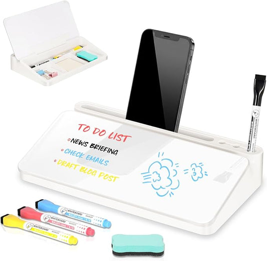 DOLLAR BOSS 12''x7'' Glass Desktop Whiteboard Small Dry Erase Board with Storage Drawer Computer Keyboard Stand Desk Organizer Office Accessories School Supplies with 4 Markers, White