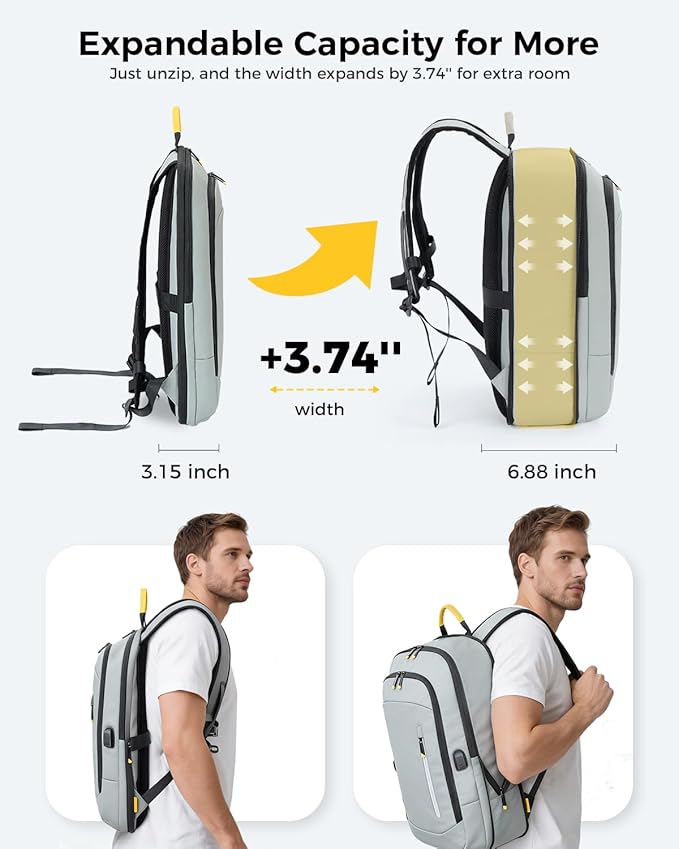 Slim Laptop Backpack for Men, 17.3 Inch Expandable Business Travel Backpack with USB Charging Port, 1.76Lbs Lightweight Work Computer Bag, 600D Waterproof Durable Backpack, Grey