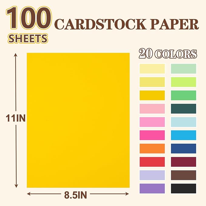 TKOOFN 100 Sheets Colored Cardstock 8.5" X 11", 20 Assorted Colors Construction Paper Card Stock 180GSM Printer Paper for Kids School Supplies, DIY Crafts, Card Making, Printing