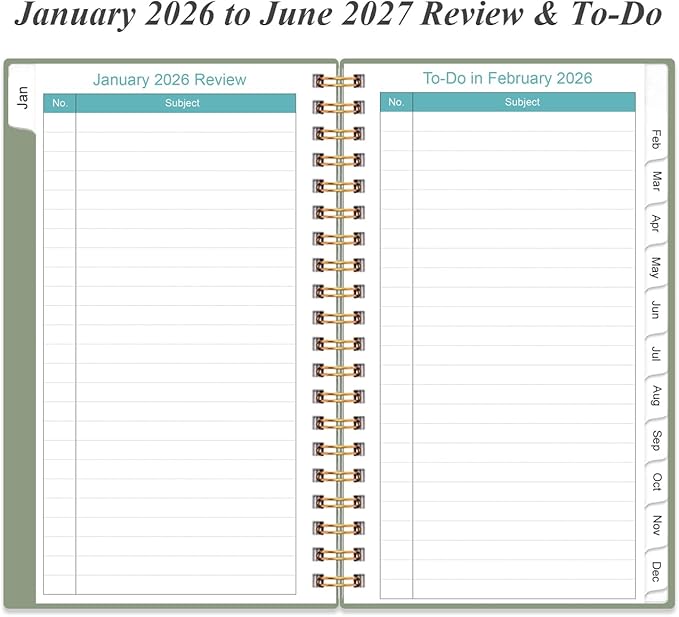 2026-2027 Monthly Planner - January 2026 - June 2027, Two Pages Per Month, 18 Monthly Calendar/Planner with Tabs, Strong Twin-Wire Binding, Inner Pocket, 3.75" x 6.5", Green