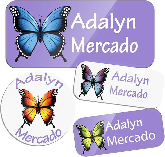 Custom Personalized Name Labels for Kids-(200-1000Labels) Waterproof Name Stickers Tags for School&Daycare,Clothing Tags,Washable&Durable Labels for Lunch Boxes, Bottles,Toys&GEA (Butterfly)