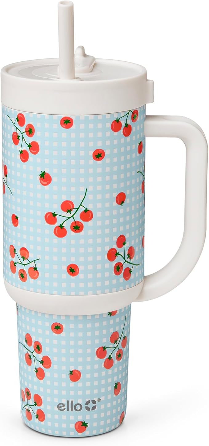 Ello Oasis 30oz Tumbler with Handle & Retracting Straw | Reusable Insulated Stainless Steel Cup 100% Leakproof | Keeps Cold for 23 Hours | Cup Holder Friendly | Picnic on the Vine