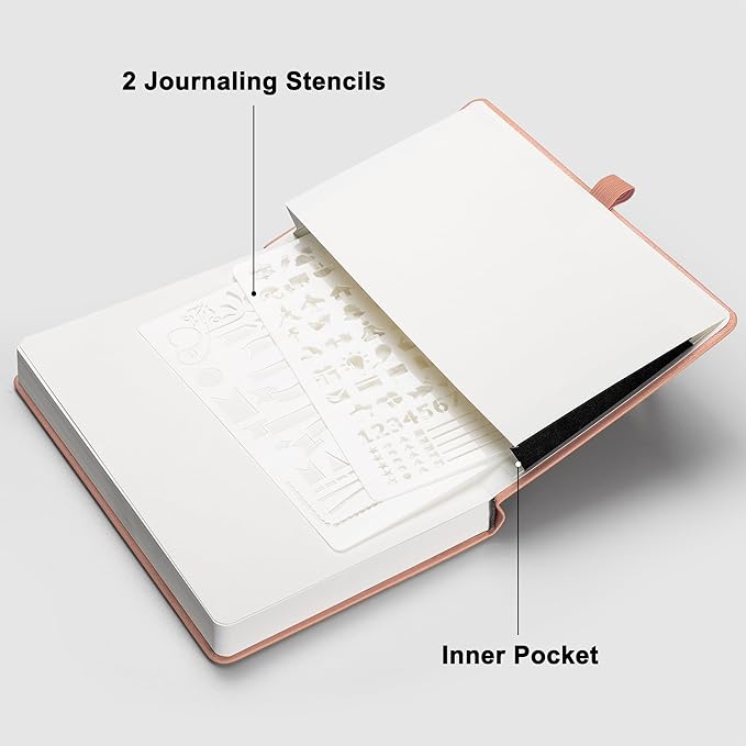 RETTACY Dotted Journal Notebook, 256 Pages, A5 Medium Size (5.7'' × 8.3''), Leather Hardcover, 120 GSM Thick Paper, for Journaling, Planning, Tracking (Pink)