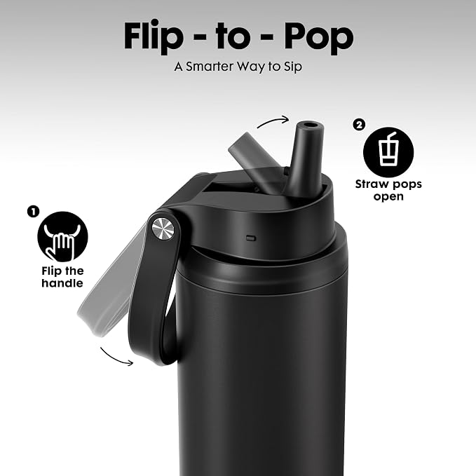 Meoky 24 oz Insulated Water Bottle: Flip-to-Pop Straw, Leak Proof, 24H Cold, Fits in Car Cup Holder, Wide Mouth, BPA-Free, Stainless Steel Water Bottle for Men Travel Sports School, Night