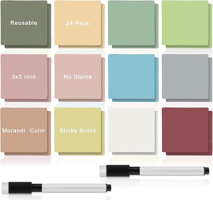 24 Pcs Reusable Dry Erase Sticky Notes 3"x 3" Whiteboard Labels Peel & Stick Dry Erase Colorful Labels and 2 Black Marker for Office Classroom Home Notes Lists Reminders Planning Teach(Morandi Color)