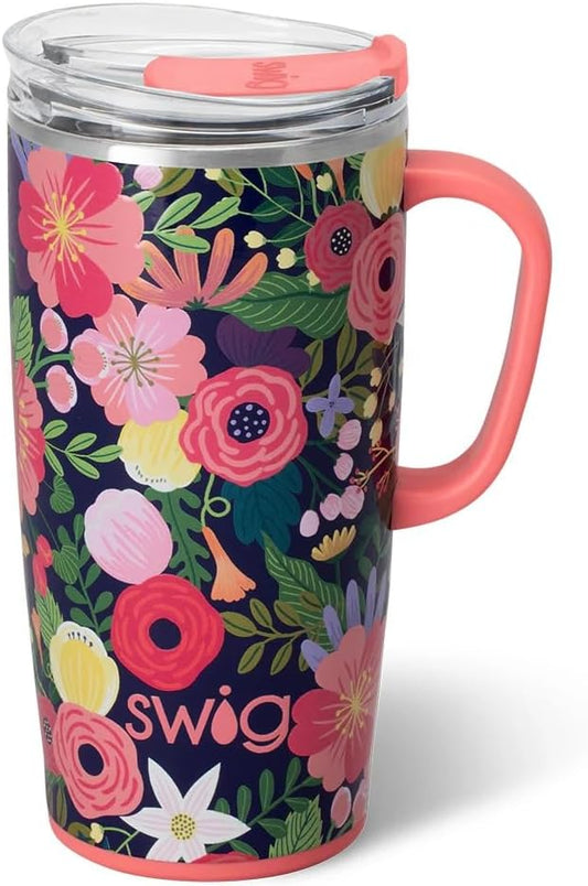 Swig Life 22oz Travel Mug, Insulated Tumbler with Handle and Lid, Travel Coffee Mug, Cup Holder Friendly, Stainless Steel 22 oz Tumbler, Reusable Insulated with Lid (Secret Garden)