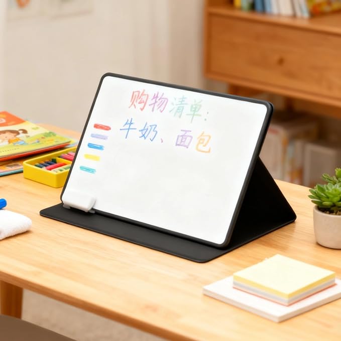 Desktop Whiteboard with Stand, 12.6 x 8.7 in A4 Portable Dry Erase Board, Foldable PU Leather Support, Includes 3 Pens and Eraser, Small Tabletop Board for Office Home and School Note Taking