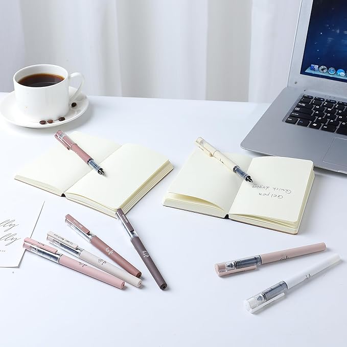 Aesthetic Cute Stick Rollerball Pens, Colored Ink Gel Pen, Quick Dry Colored Liquid Ink Pens, 0.5mm Fine Point Coffee Pens Soft Touch Smooth Writing for Journaling School Supplies (8 Pack)