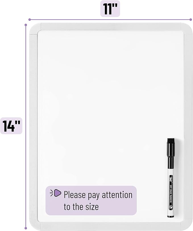 Mr. Pen- Dry Erase Board, 14” x 11” with a Black Dry Erase Marker, White Frame, Small Mini White Board for Students, Fridge, Wall, Locker, Includes Double Sided Tapes