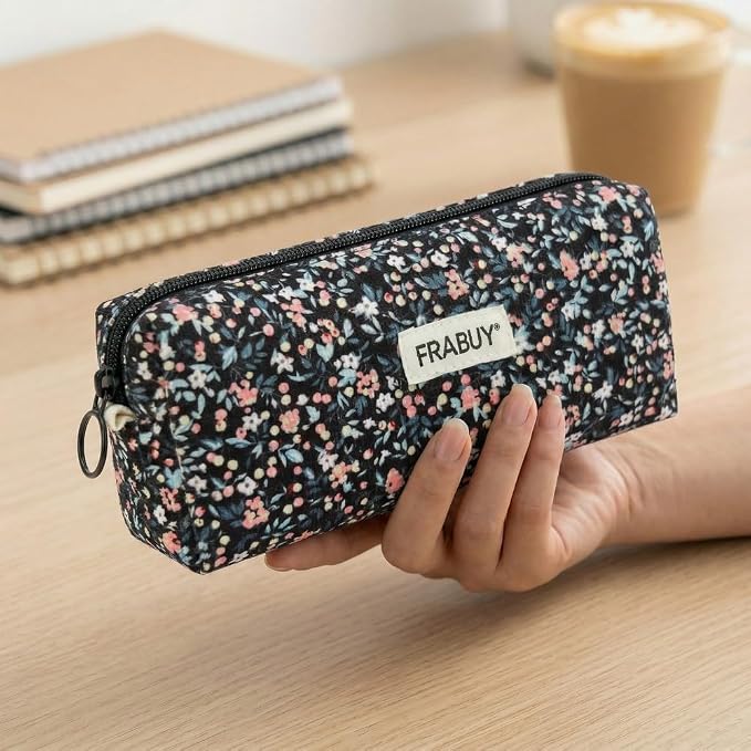 Soft Corduroy Pencil Case Pen Pouch Organizer, Small Stationery Bag | Black small floralzipper pencil pouch, smooth zipper, daily cosmetics holder, compact organizer for school teen girls, women