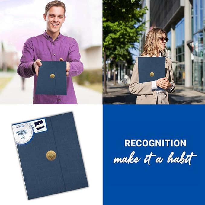 Geographics Certificate Holders - Tri-Fold Navy Linen 9.25x12.5 Inches - Embossed Die-Cut 80 lb Cover Stock - Silver Medallion Foil Stamp - Ideal for Awards - 218 GSM Document Holder