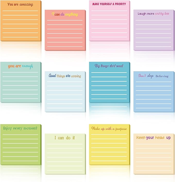 Yinder 12 Pcs Inspirational Sticky Notes Cute Motivational Sticky Notes Pad End of Year Employee Appreciation Gifts Bulk for Teacher Nurse Coworkers Office Supplies 3 x 3'' (Inspirational,Simple)