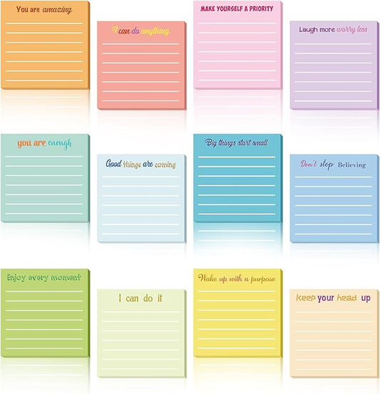 Yinder 12 Pcs Inspirational Sticky Notes Cute Motivational Sticky Notes Pad End of Year Employee Appreciation Gifts Bulk for Teacher Nurse Coworkers Office Supplies 3 x 3'' (Inspirational,Simple)