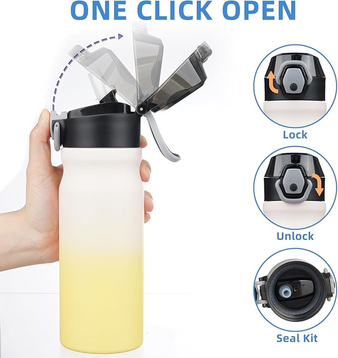 BJPKPK Insulated Water Bottle 18oz Stainless Steel Water Bottles with Straw and Carry Handle Double Wall Metal Thermal Flask,Lemon