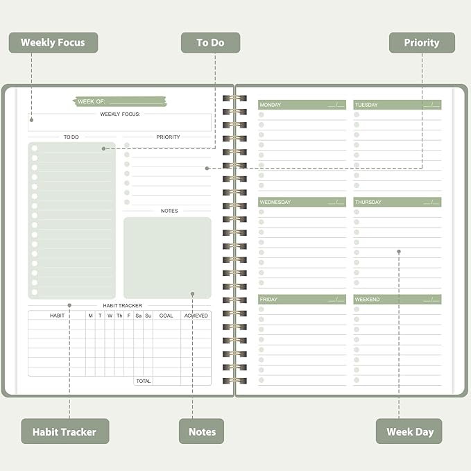 Undated Weekly Planner, Weekly To Do List Notebook with Goal, Organizer & Habit Tracker, A5 Daily Planner with Spiral Binding, Ideal for Office School Suppies