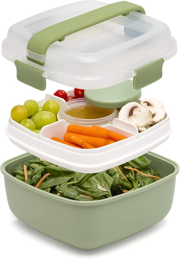 Goodful Stackable Lunch Box Container, Bento Style Food Storage with Removeable Compartments for Sandwich, Snacks, Toppings & Dressing, Leak-Proof and Made without BPA, 56-Ounce, Sage (Pack of 12)