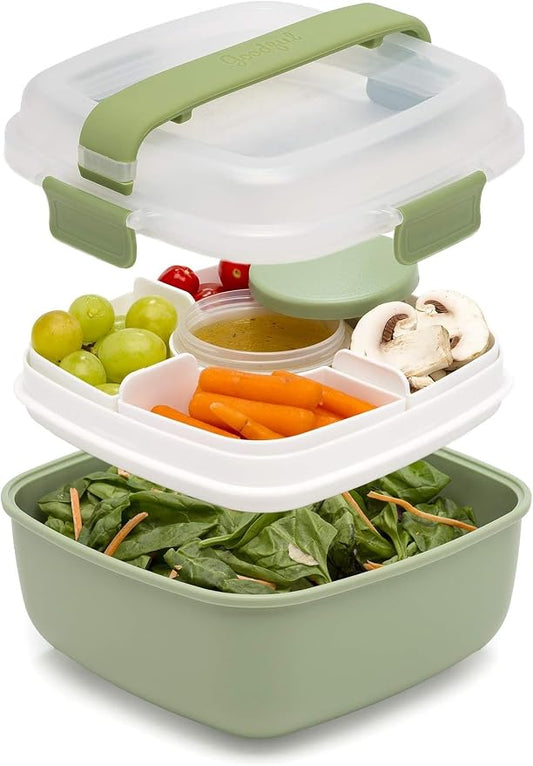 Goodful Stackable Lunch Box Container, Bento Style Food Storage with Removeable Compartments for Sandwich, Snacks, Toppings & Dressing, Leak-Proof and Made without BPA, 56-Ounce, Sage (Pack of 12)