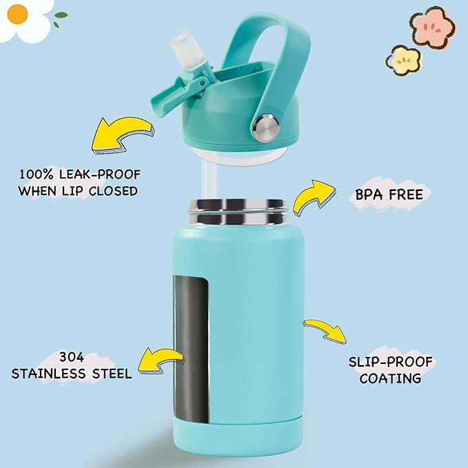 Kerilyn 12oz Kids Water Bottle, Stainless Steel Insulated Water Bottle for Kids, Toddler Cup With Straws Leak-proof, Toddler Water Bottles for School Boys Girls, BPA Free, Green (Pack of 3)