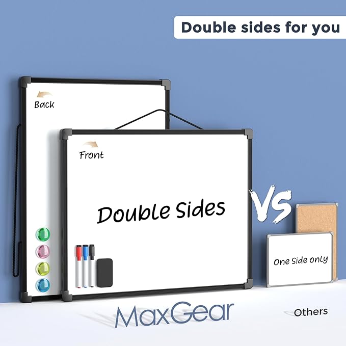 MaxGear Double-Sided Dry Erase Board for Wall, 16"x12" Hanging Whiteboard, Small Dry Erase White Board kit, Portable for Planning, Drawing, Memo, to Do List, Black Frame