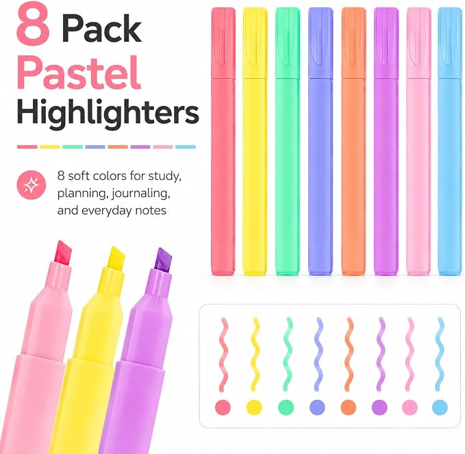 Pastel Bible Highlighters, 8 Pack Cute Chisel Tip Highlighter Set, Assorted Candy Colors for Bible Study, Journaling, Notes, School and Office
