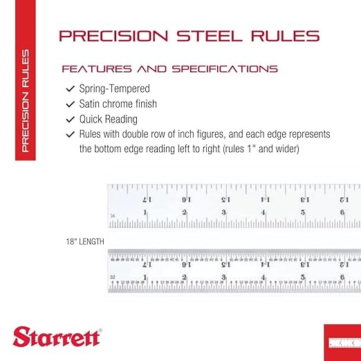 Starrett Spring Tempered Steel Rule with Satin Chrome Finish, Quick Reading and Inch Graduation - 18" Length, 4R Graduation Type, 3/64" Thickness - C604R-18