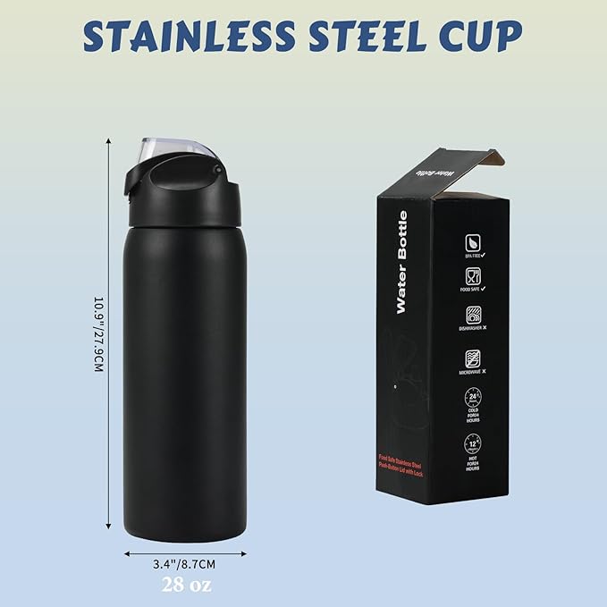 MEBRUDY 32 oz Insulated Water bottle with Straw, Stainless Steel Water bottles With Leak Proof Locking, Keep Cold 24 hours and BPA-Free for Sports, Travel, Gym and School, Black