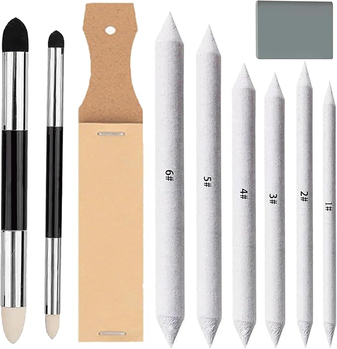 N NOROCME 10 PCS Blending Stumps, Blending Sponge Pens and Sandpaper Pencil Sharpener,Washable & Reusable,Kneaded Eraser,Tortillions Paper Art Blenders for Student Artist Charcoal Sketch Drawing