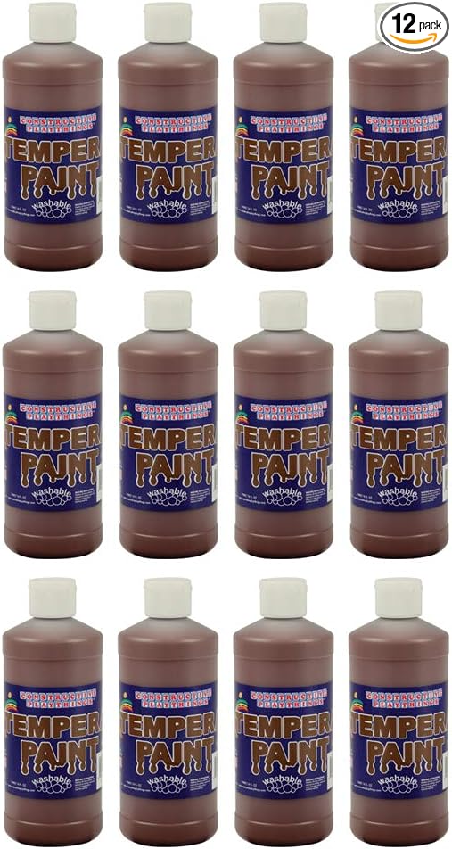 Constructive Playthings Washable Tempera Paint for Kids, Classroom Painting Supplies, Set of 12 Pints, Brown