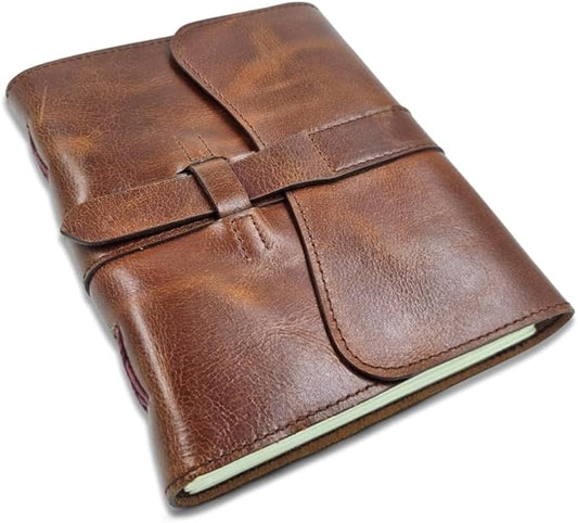Leather Journal Writing Vintage Notebook 6x8 - Genuine Leather Bound Notebook Loop Strap Closure with 200 Pages 125 GSM Recycled Cotton Paper