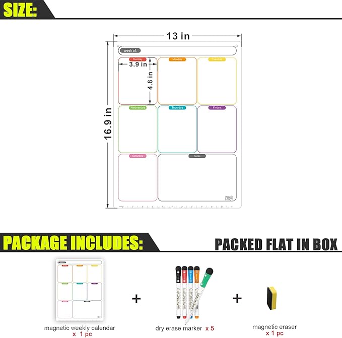 Vertical Magnetic Calendar for Refrigerator Set. Weekly Planner Dry Erase Fridge Calendar Whiteboard Menu Board - Thickened Magnet. Fine Marker & Organizers Reusable for Busy Home & Office