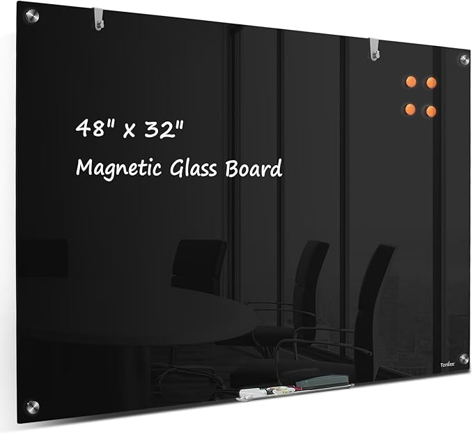 Glass Whiteboard Black Dry Erase Board Magnetic, TANKEE Modern Large Frameless Tempered Glass White Board for Wall, Office, Home, School, 48” x 32” Black Glassboard