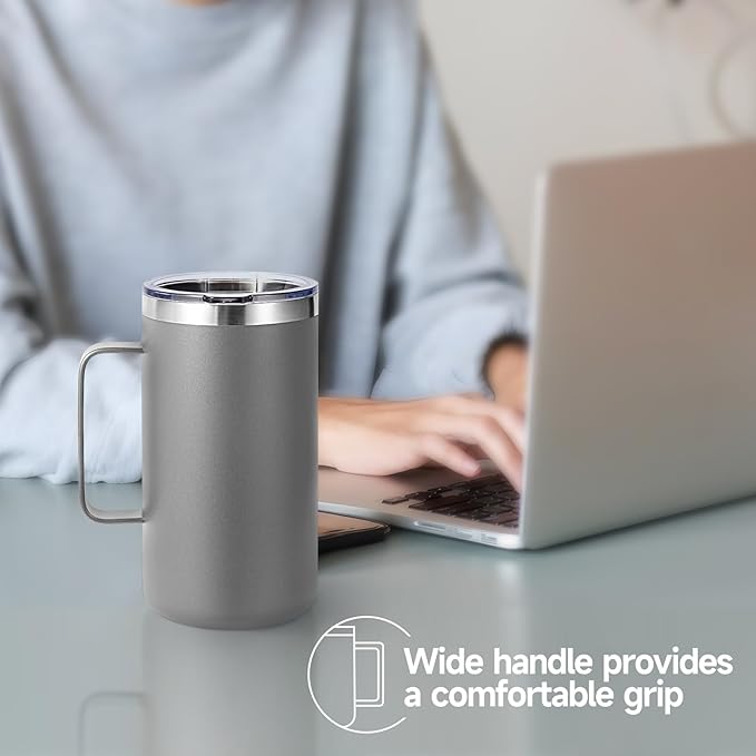 Volhoply 22oz Insulated Stainless Steel Coffee Mugs with Leakproof Lid Bulk 2 Pack,Double Wall Vacuum Travel Coffee Cup with Handle,Reusable Metal Tumbler,Camping Mug Keep Hot&Cold(Gray,2)