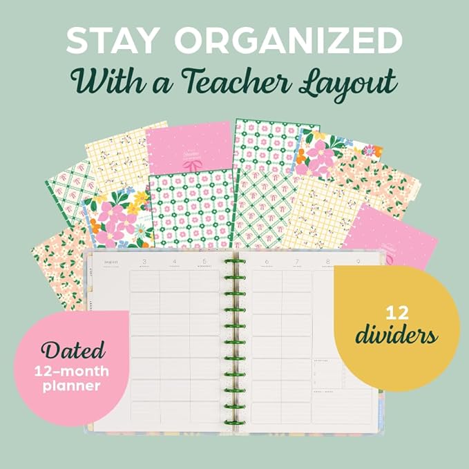 Happy Planner Disc-Bound 12-Month July 2026–June 2027 Academic Planner with 3 Extra Months, Big Size, 8.5" x 11", Teacher Layout, Ditzy Garden