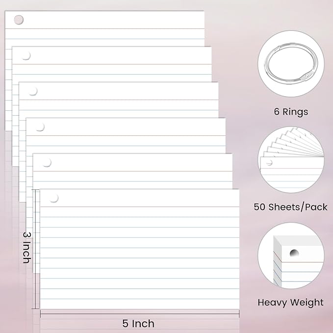 300 Count Index Cards 3 x 5 Inch White Flash Cards with Ring, Heavy Flashcards College Ruled Home Organization, Durable Study To Do List Note Cards with Ruled Lines for Office & School Supplies