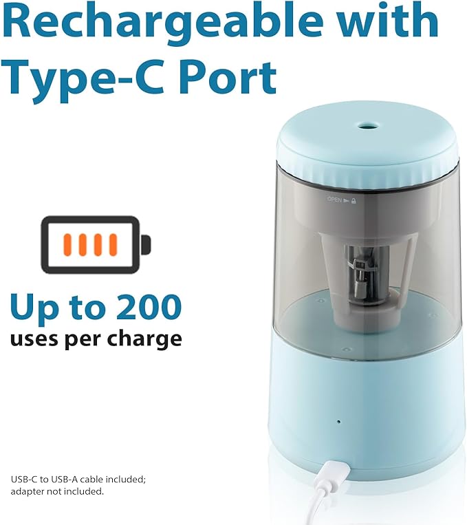 SUNZO Electric Automatic Pencil Sharpener, auto feed, hands free, electronic, rechargeable battery powered, small & portable, for colored pencil, for office & classroom (Blue)