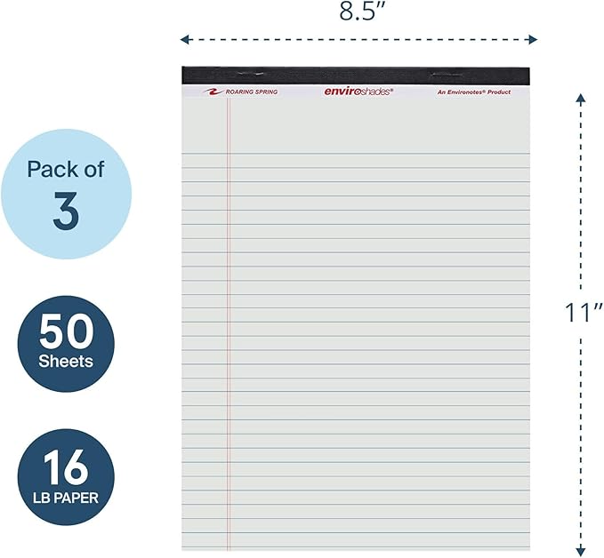 ROARING SPRING Enviroshades Gray Legal Pads, 3 Pack, Legal Ruled Recycled Colored Writing Note Pads, 8.5" x 11", 50 Sheets, Perforated Paper, Made in USA, Memo Pad For School & Office