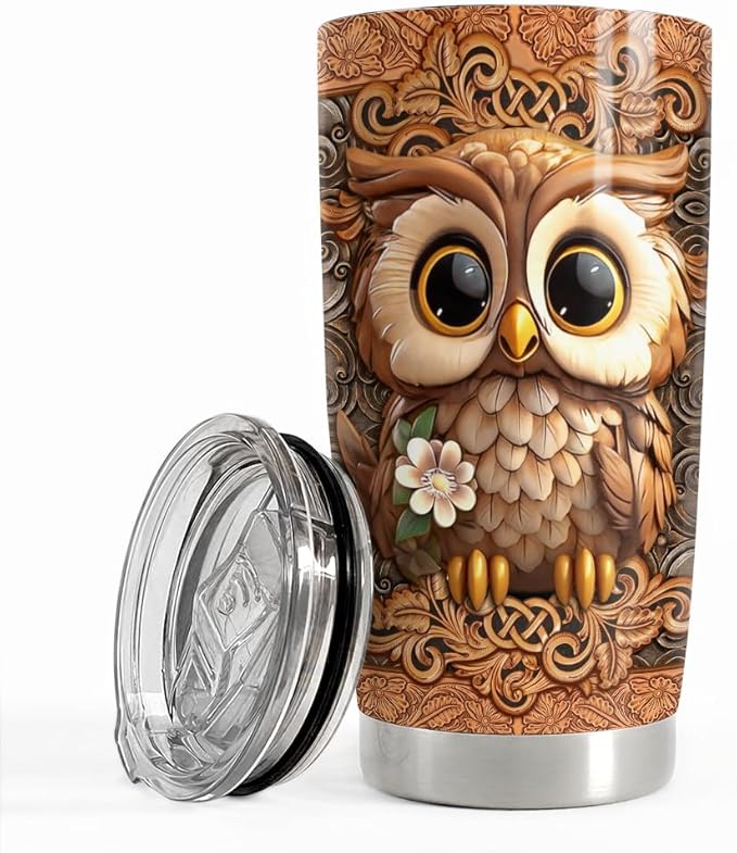 SANDJEST Owl Tumbler 20oz Owls Gifts for Women Girl Owl Wood Drawing Stainless Steel Insulated Tumblers Coffee Travel Mug Cup Gift for Birthday Christmas