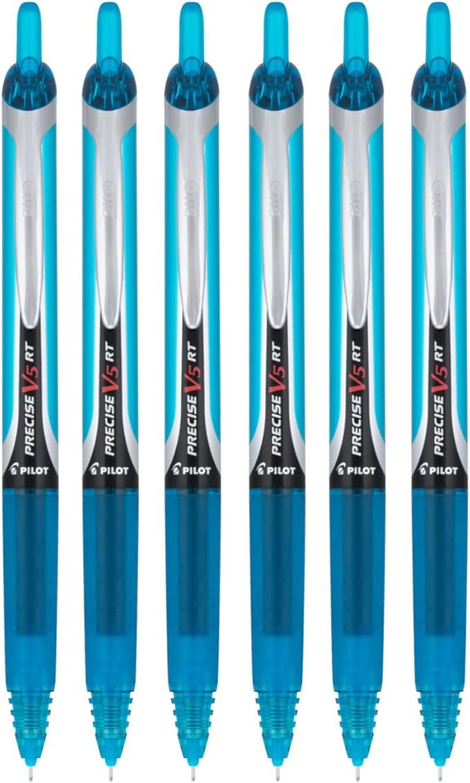 PILOT Precise V5 RT Refillable & Retractable Liquid Ink Rolling Ball Pens, Extra Fine Point (0.5mm) Turquoise Ink, 6-Pack