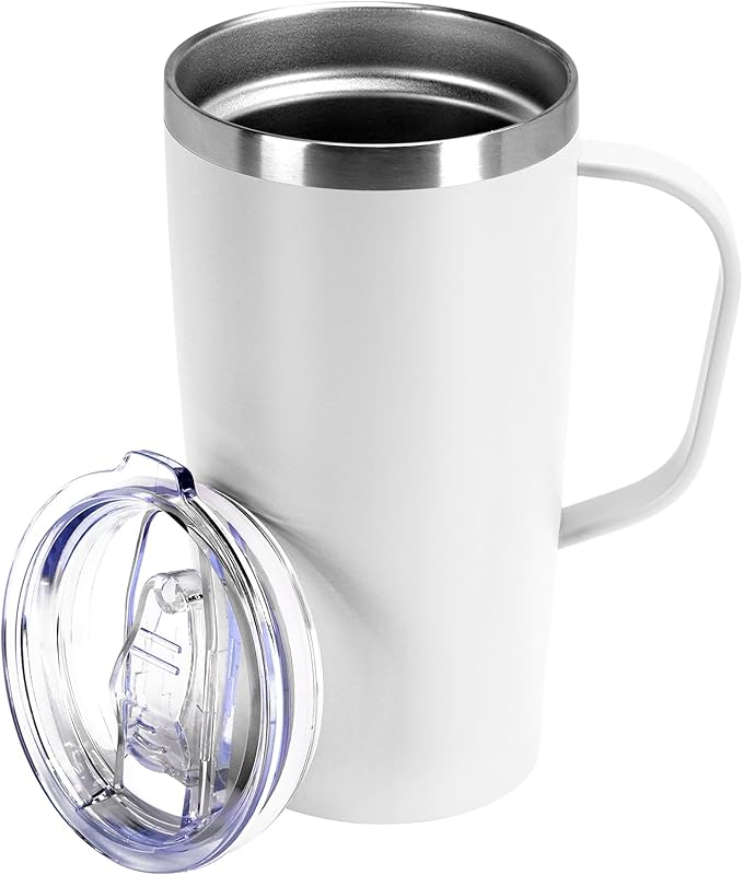 MEBRUDY 19oz Insulated Coffee Mug with Lid, Leak Proof Double Wall Vacuum Travel Coffee Mug with Handle, White